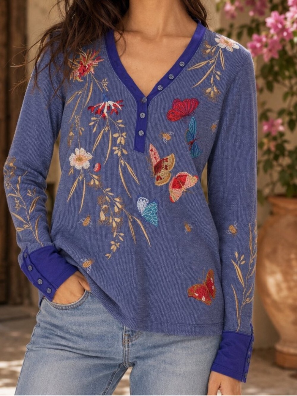 Rare Johnny Was Biya Workshop JWLA Aria V-Neck Embroidered  butterfly Thermal